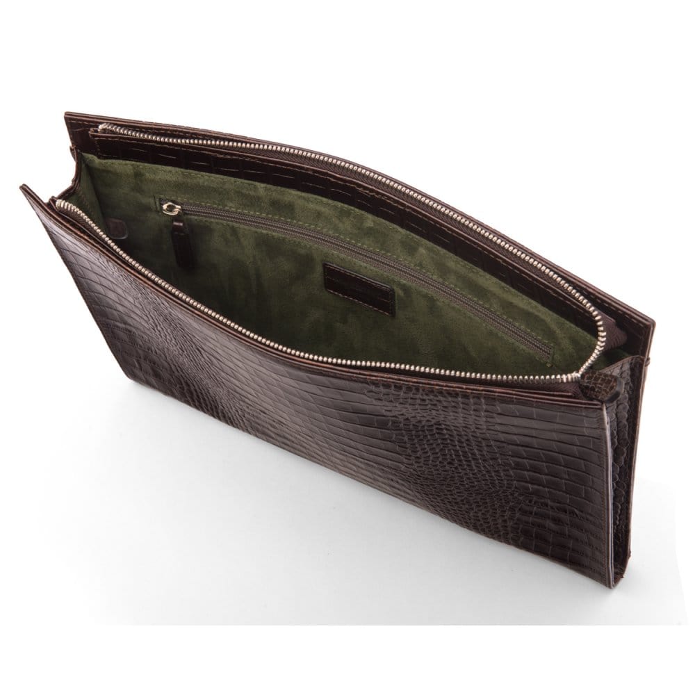 Zip top leather folder, brown croc, inside view