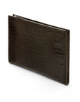 Zip top leather folder, brown croc, side view