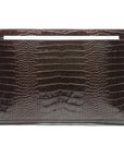 Zip top leather folder, brown croc, front view