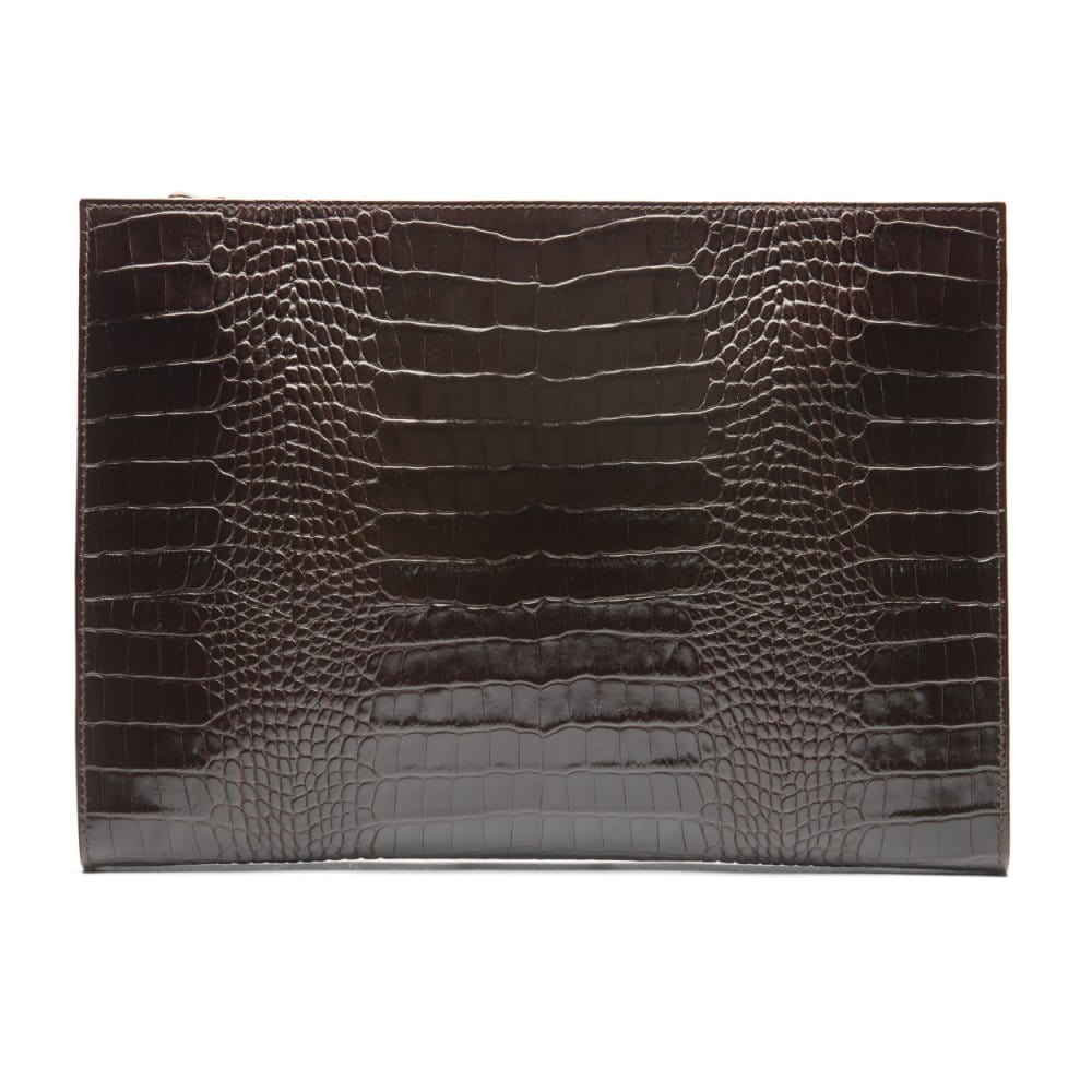 Zip top leather folder, brown croc, back view