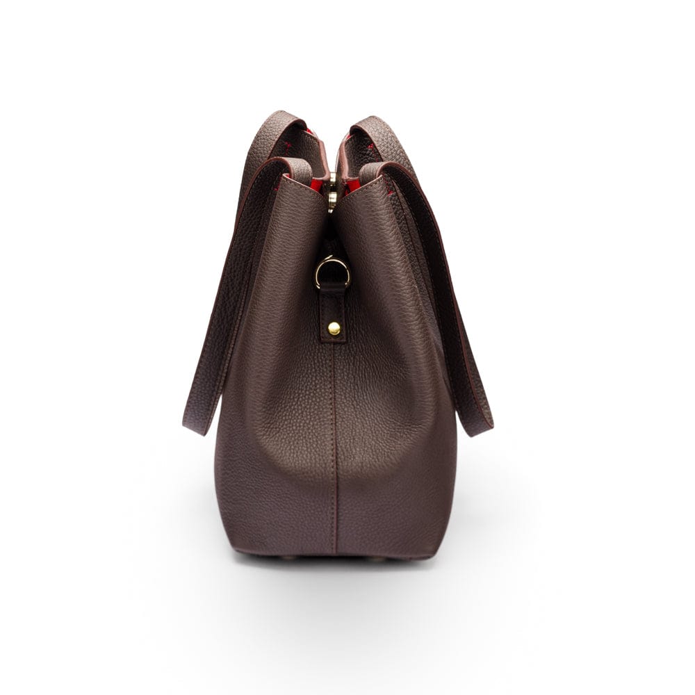 Leather tote bag, brown, side view 2