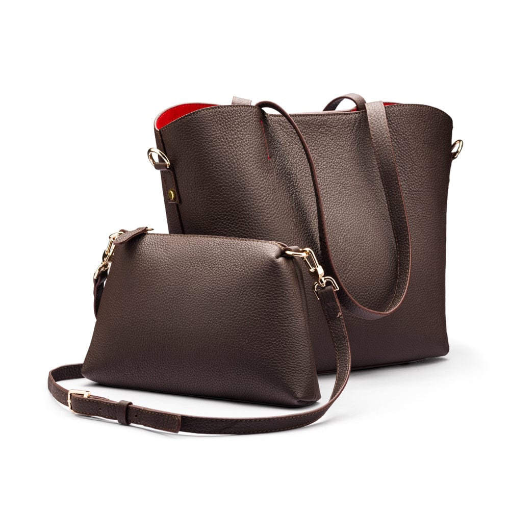 Leather tote bag, brown, with inner bag