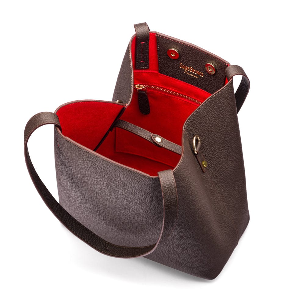 Leather tote bag, brown, inside closed