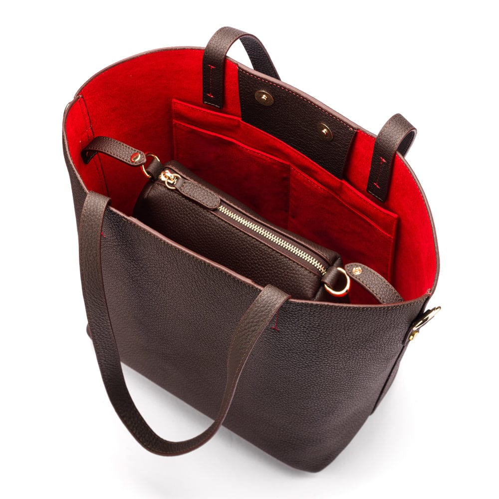 Leather tote bag, brown, with inner bag
