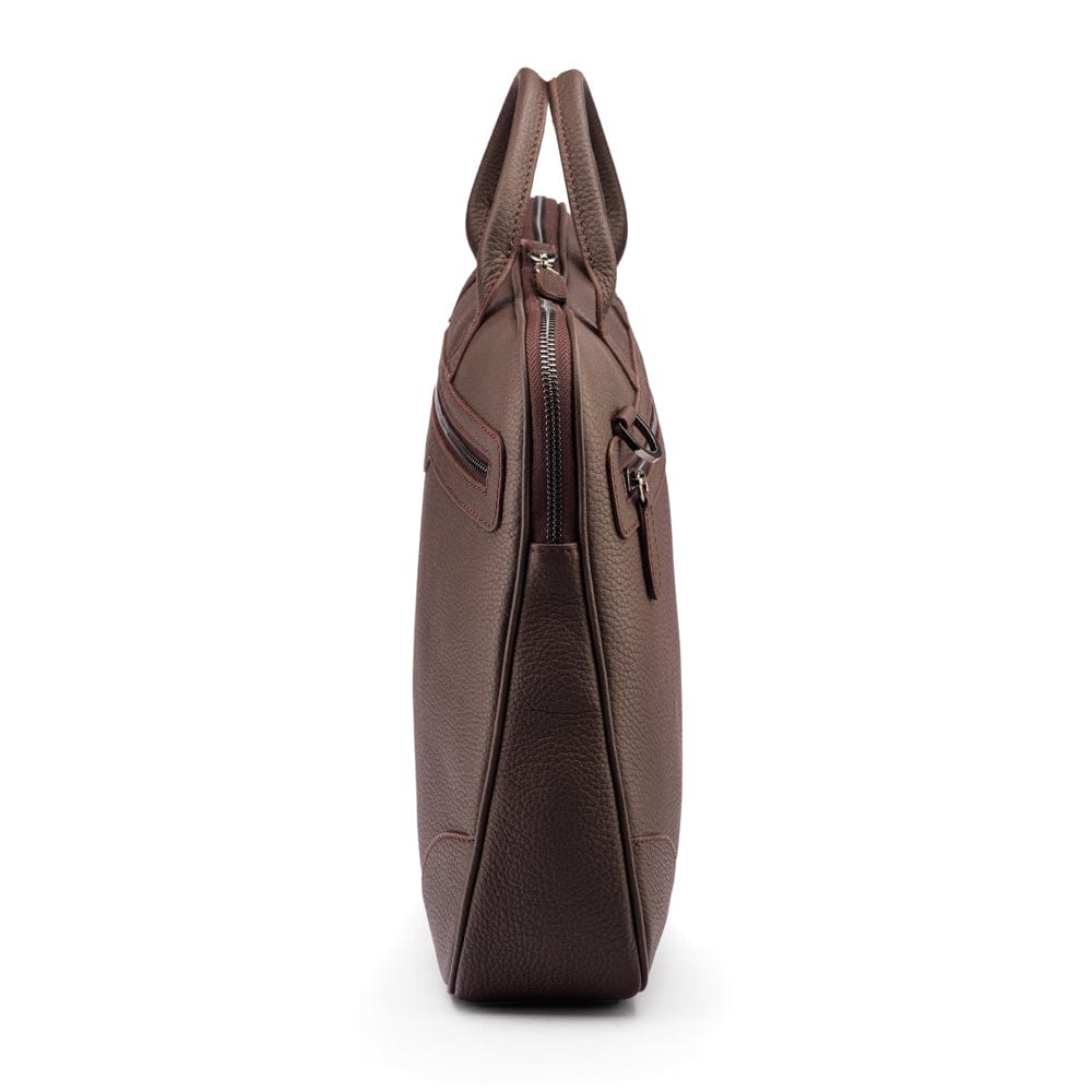 16"  slim leather laptop bag, brown, side trapeze  view