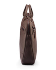 16" slim leather laptop bag, brown, side trapeze view