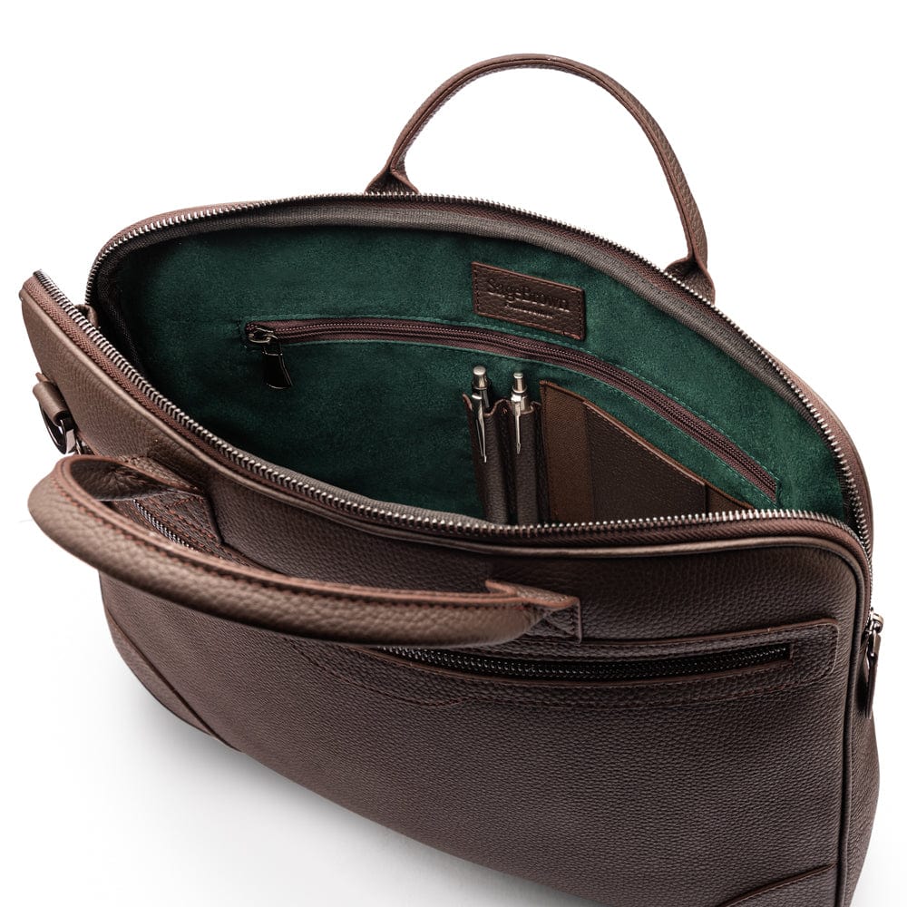 16"  slim leather laptop bag, brown, open view