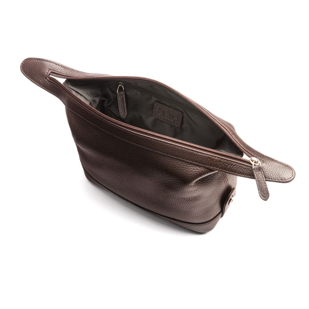 Leather wash bag, brown, inside view
