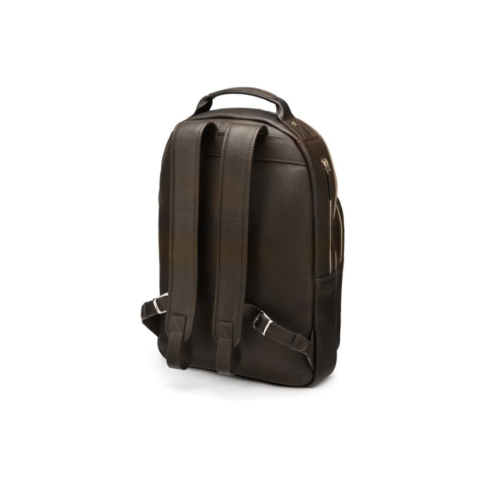 Men's leather 15" laptop backpack, brown pebble grain, back view