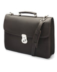 Leather briefcase with silver lock, Harvard, brown pebble grain, side view