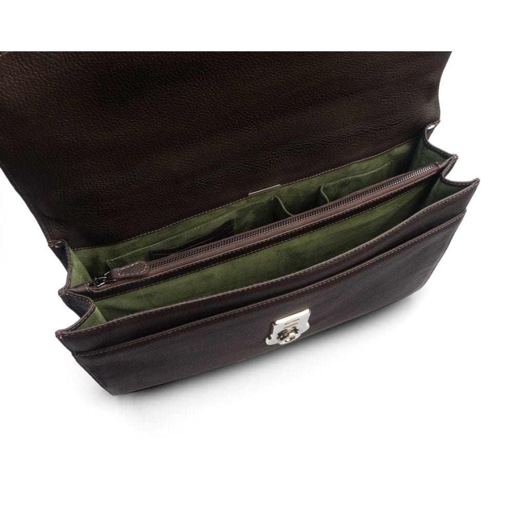 Leather briefcase with silver lock, Harvard, brown pebble grain, inside