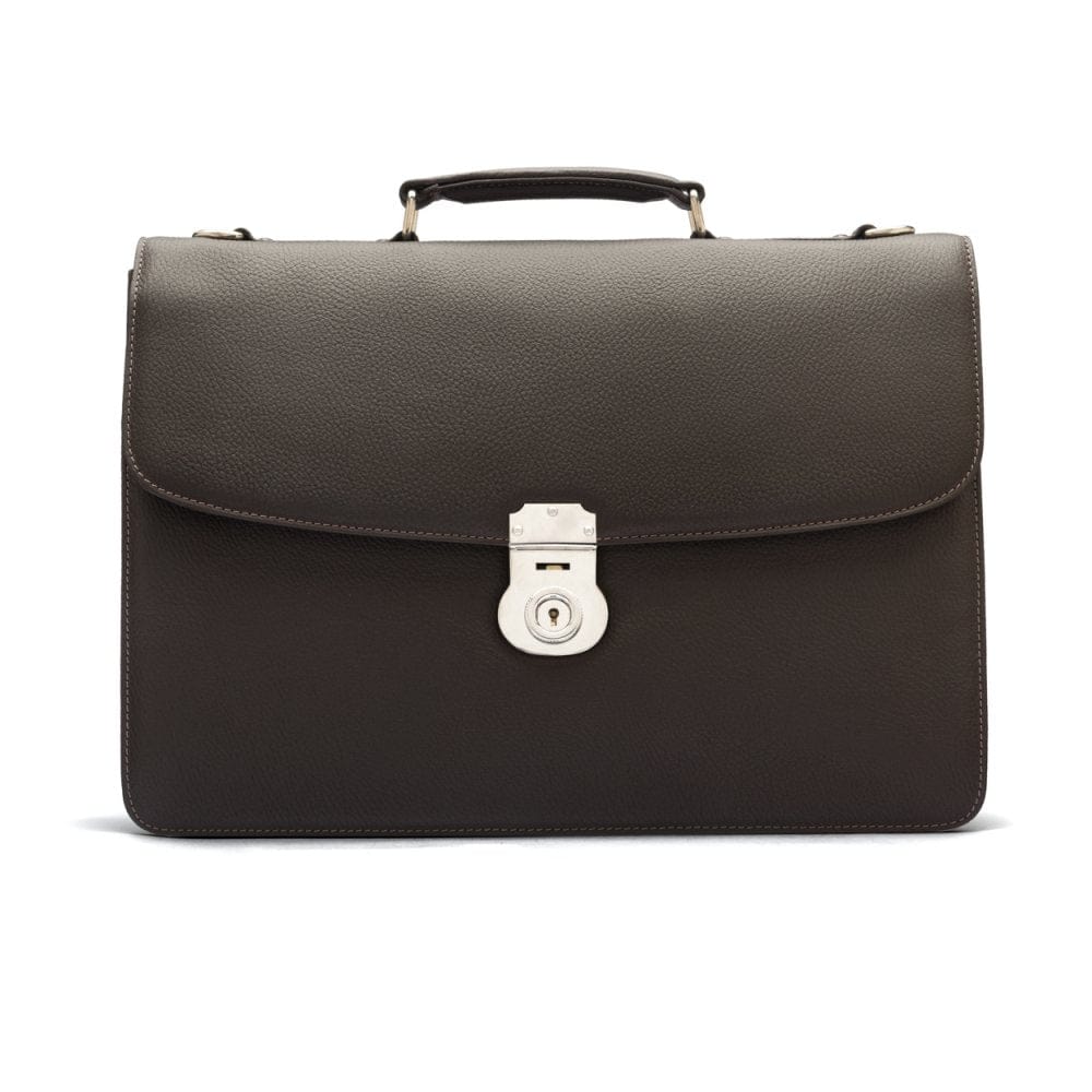 Leather briefcase with silver lock, Harvard, brown pebble grain, front