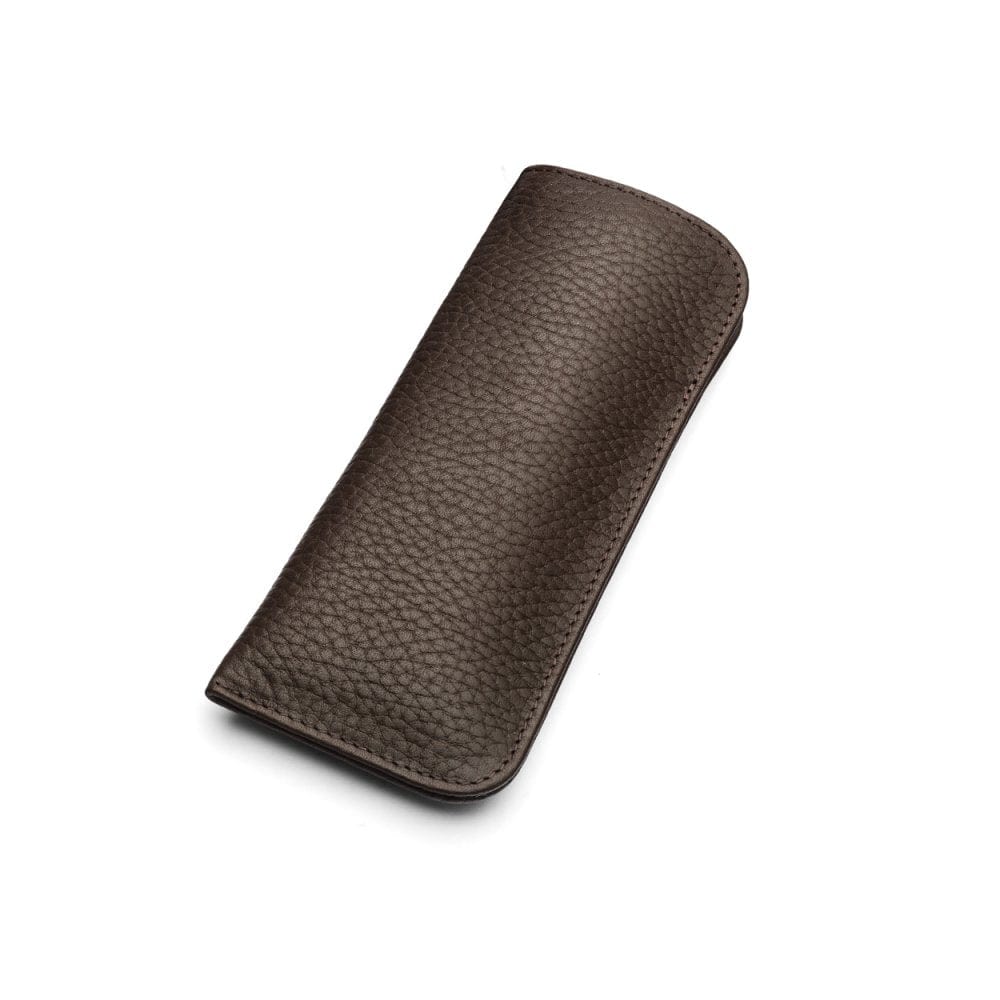 Large leather glasses case, brown pebble grain, front