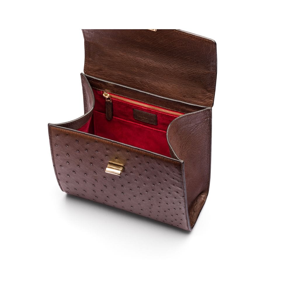 Real ostrich top handle bag, brown, inside view