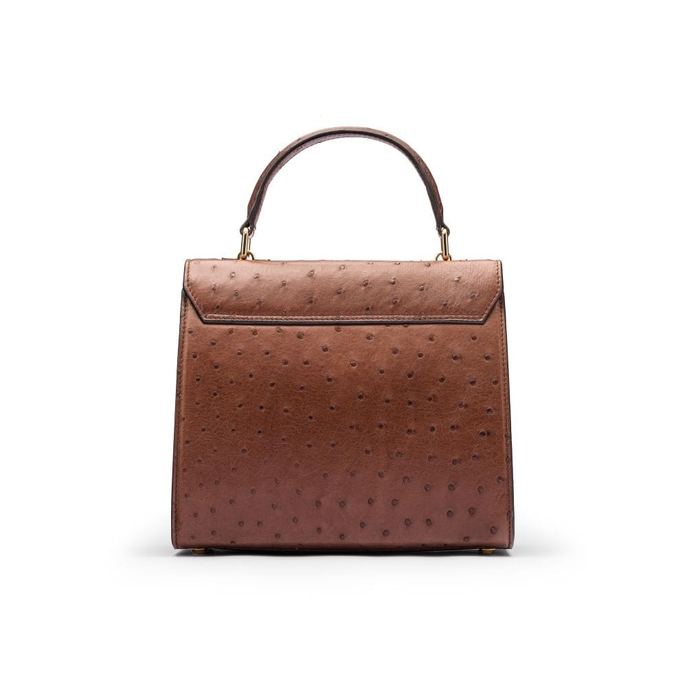 Real ostrich top handle bag, brown, back view