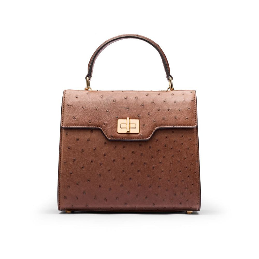 Real ostrich top handle bag, brown, front view