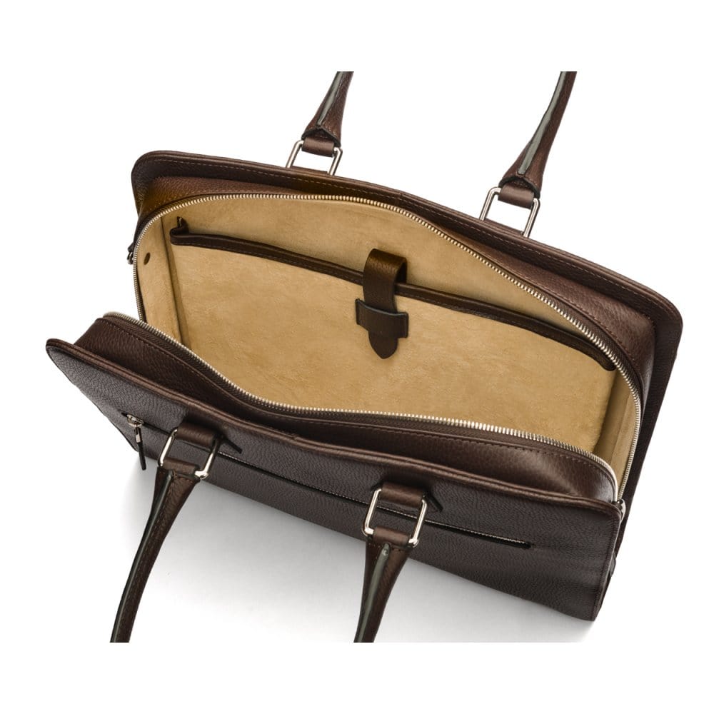 Ladies leather 13" laptop bag, brown, inside view