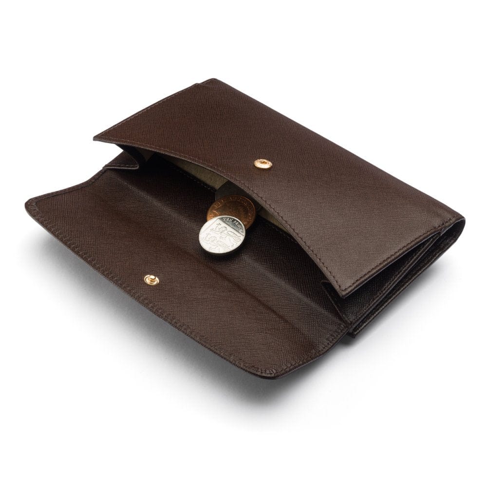 Brown Ladies Tall Leather Purse With Brass Clasp 8 CC