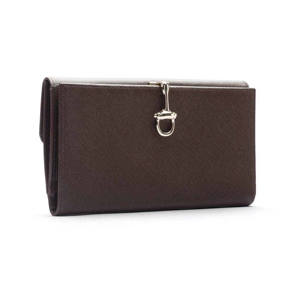 Brown Ladies Tall Leather Purse With Brass Clasp 8 CC