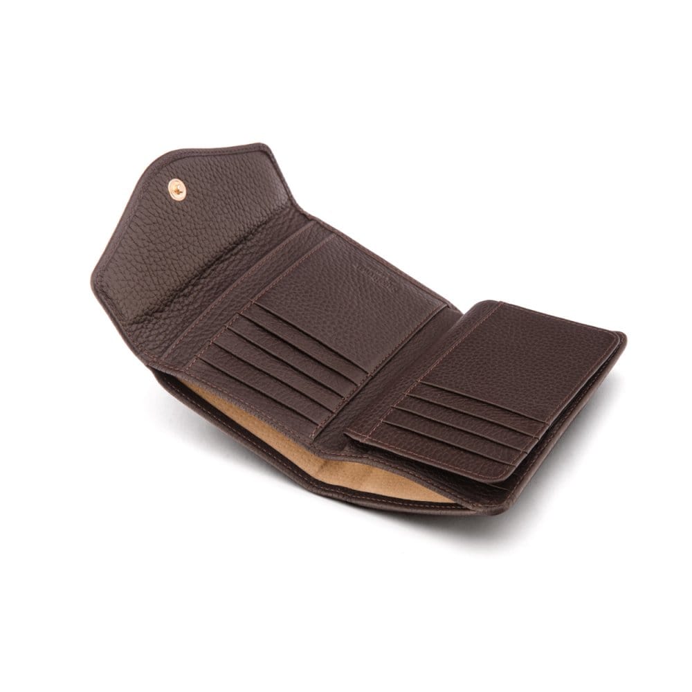 Large leather purse with 15 CC, brown, open