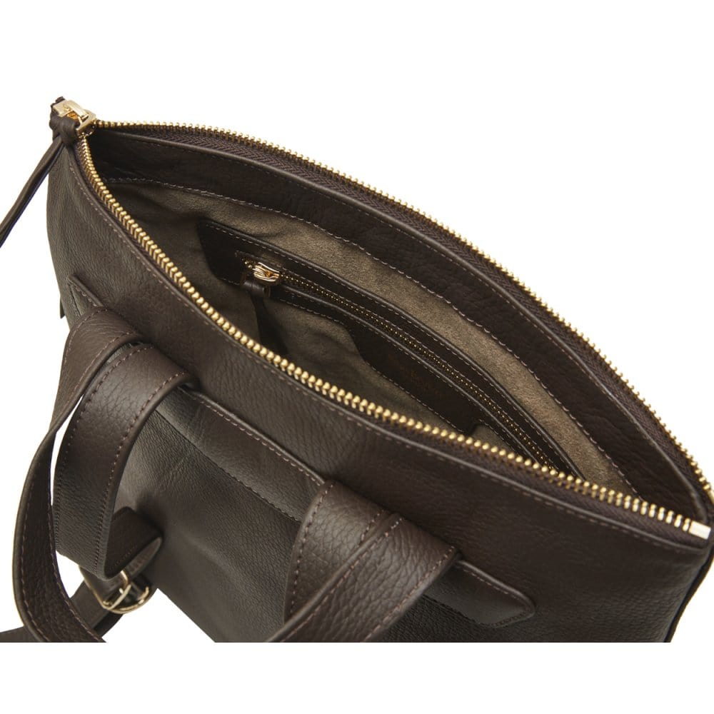 Leather 13" laptop backpack, brown, inside