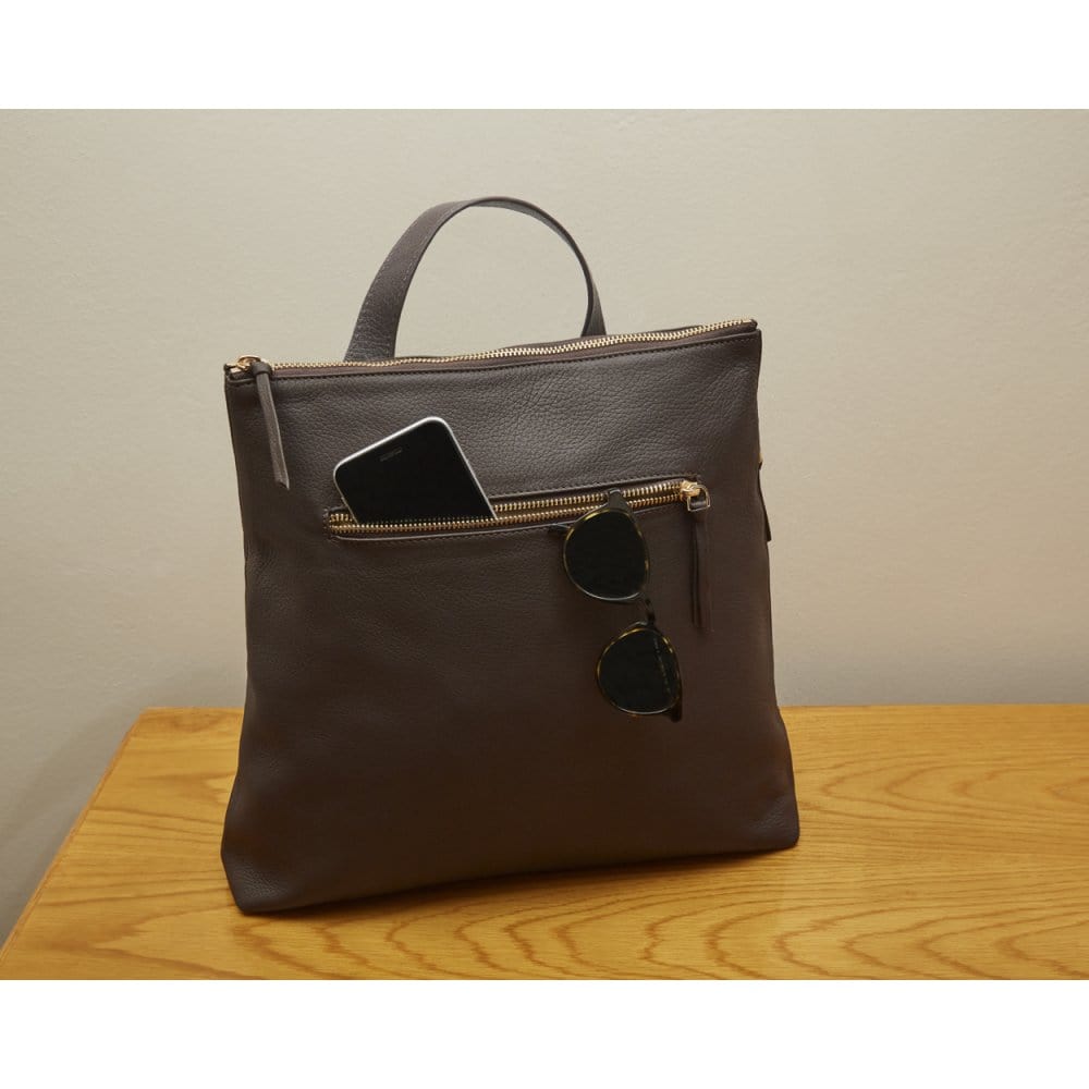 Leather 13" laptop backpack, brown, lifestyle