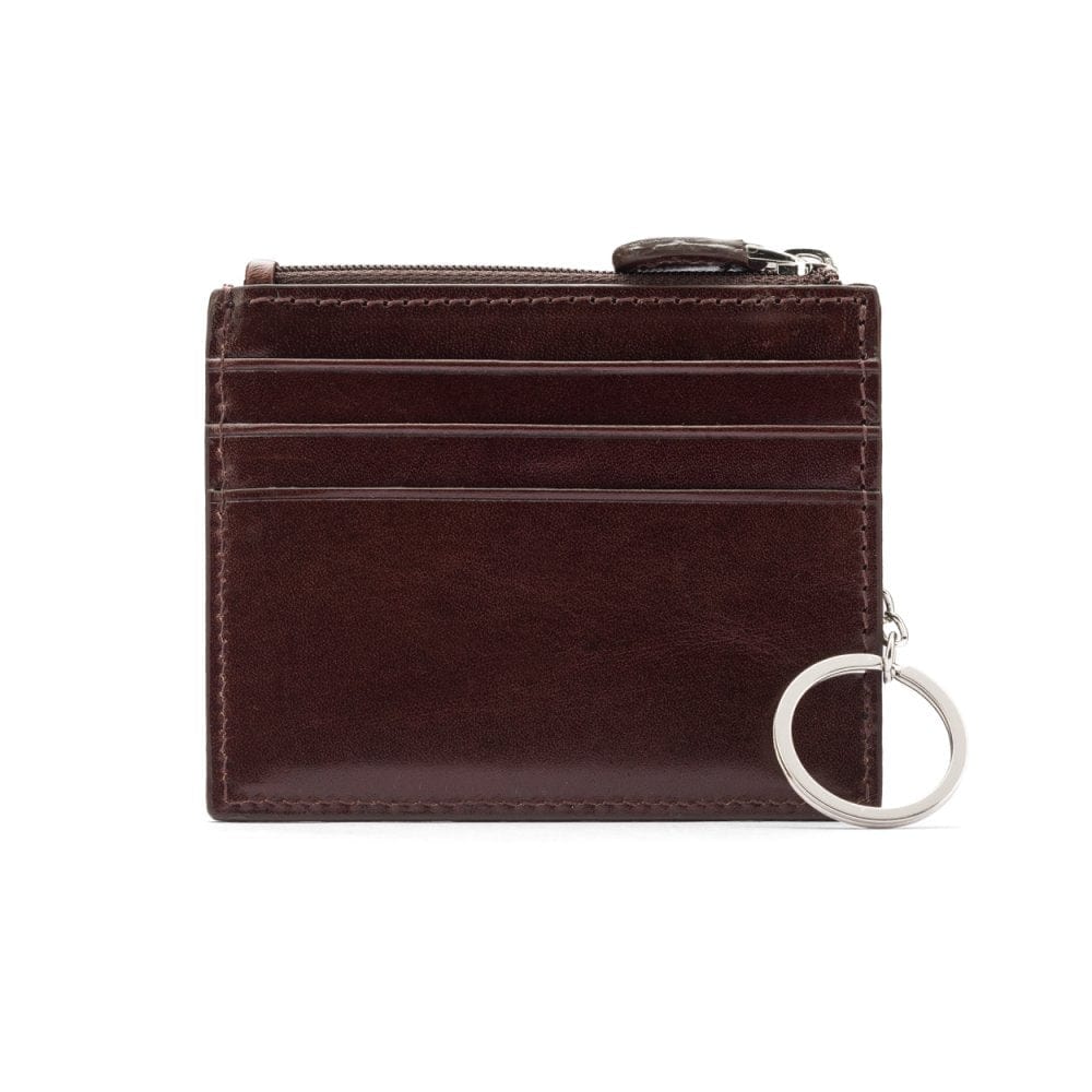 Leather card case with zip coin purse and key chain, brown, front