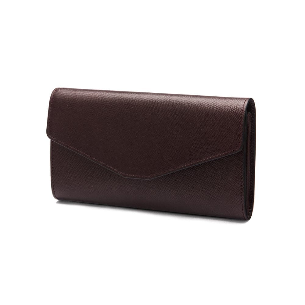 Leather accordion clutch purse with 12 card slots, brown saffiano, front