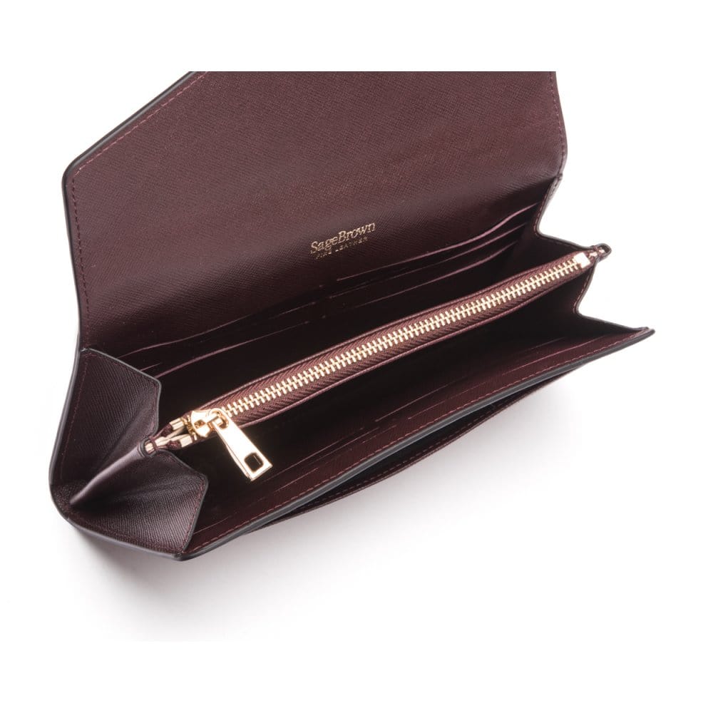 Leather accordion clutch purse with 12 card slots, brown saffiano, inside