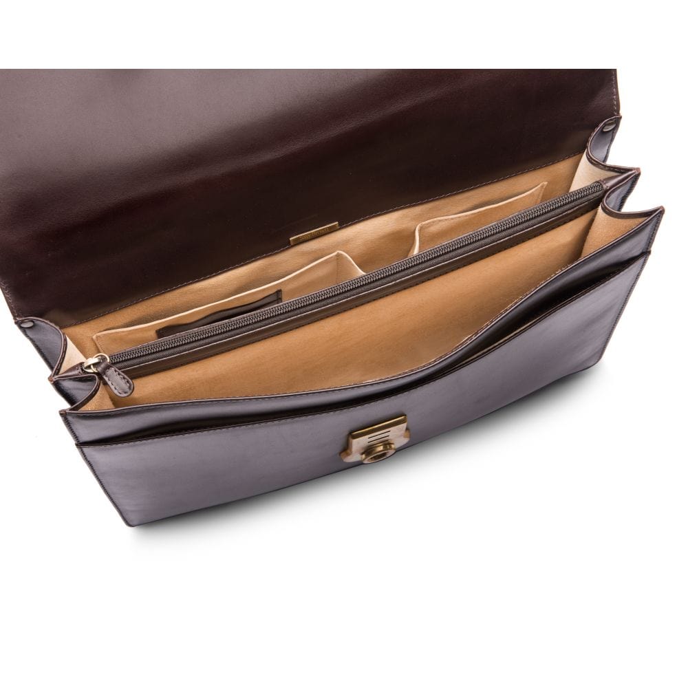 Leather briefcase with brass lock, Harvard, brown, inside