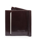 Leather money clip wallet with coin purse, brown, back