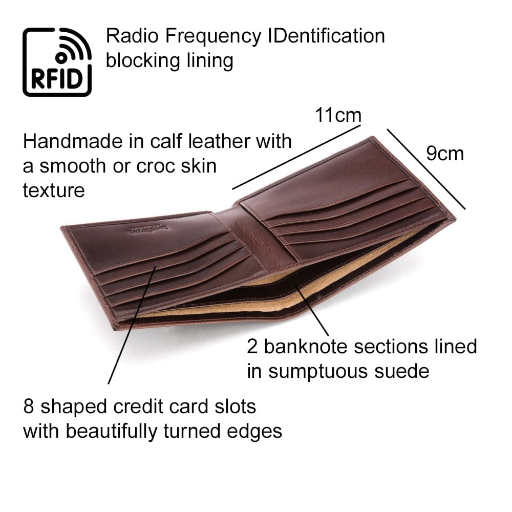 RFID leather wallet for men, brown, features