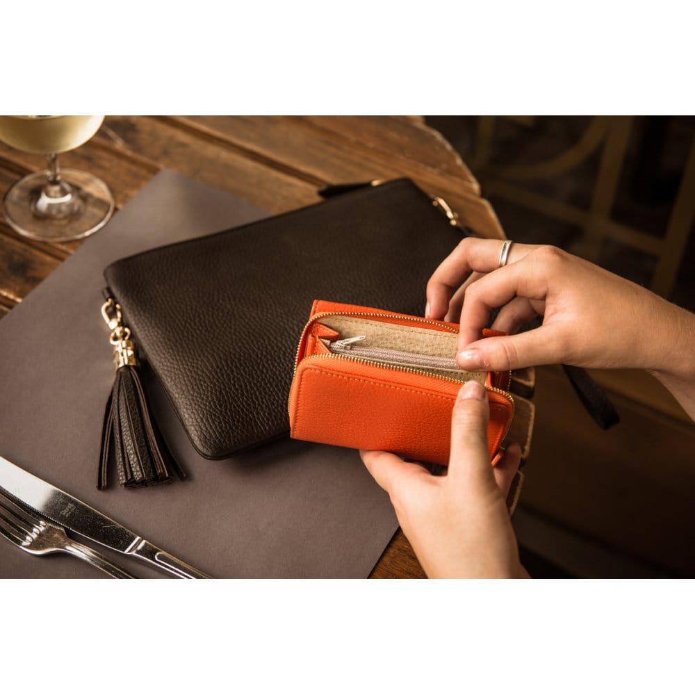 Leather cross body bag with chain strap, brown, lifestyle