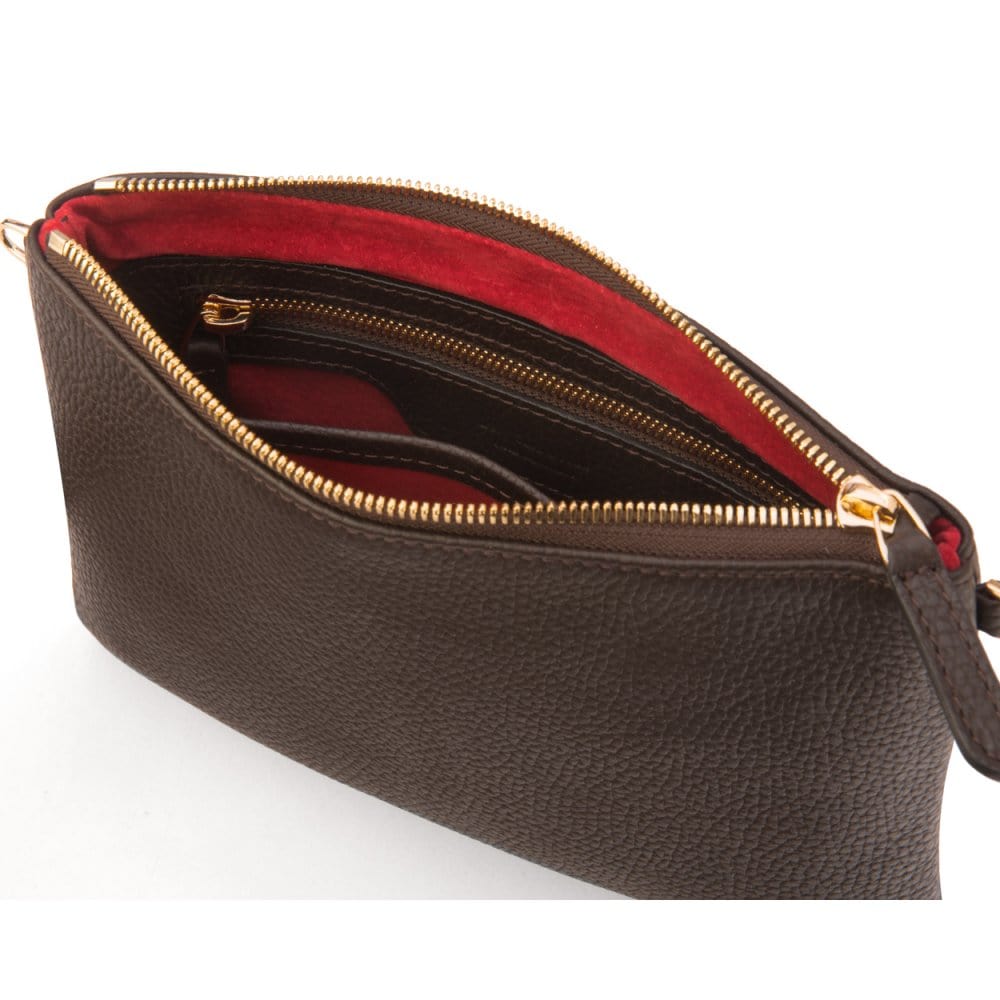 Leather cross body bag with chain strap, brown, inside