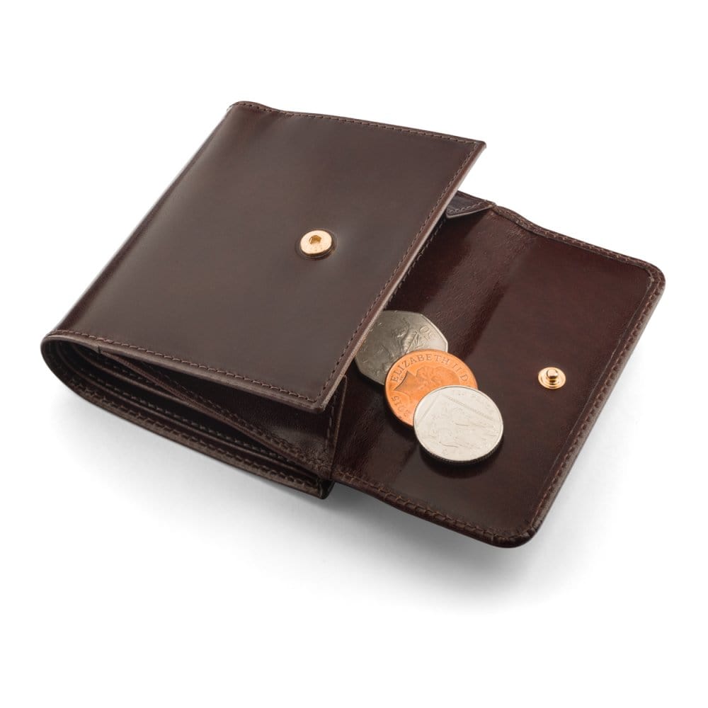 Leather purse with brass clasp, brown, open
