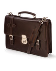 Leather Cambridge satchel briefcase with silver brass lock, brown, side