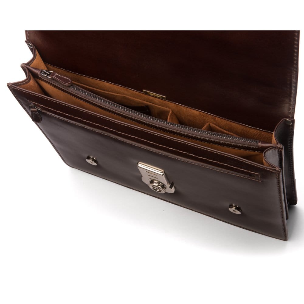 Leather Cambridge satchel briefcase with silver brass lock, brown, inside