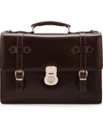 Leather Cambridge satchel briefcase with silver brass lock, brown, front
