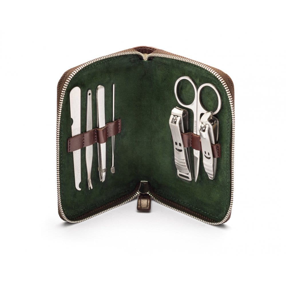 Leather zip around 7 piece manicure set, brown, open