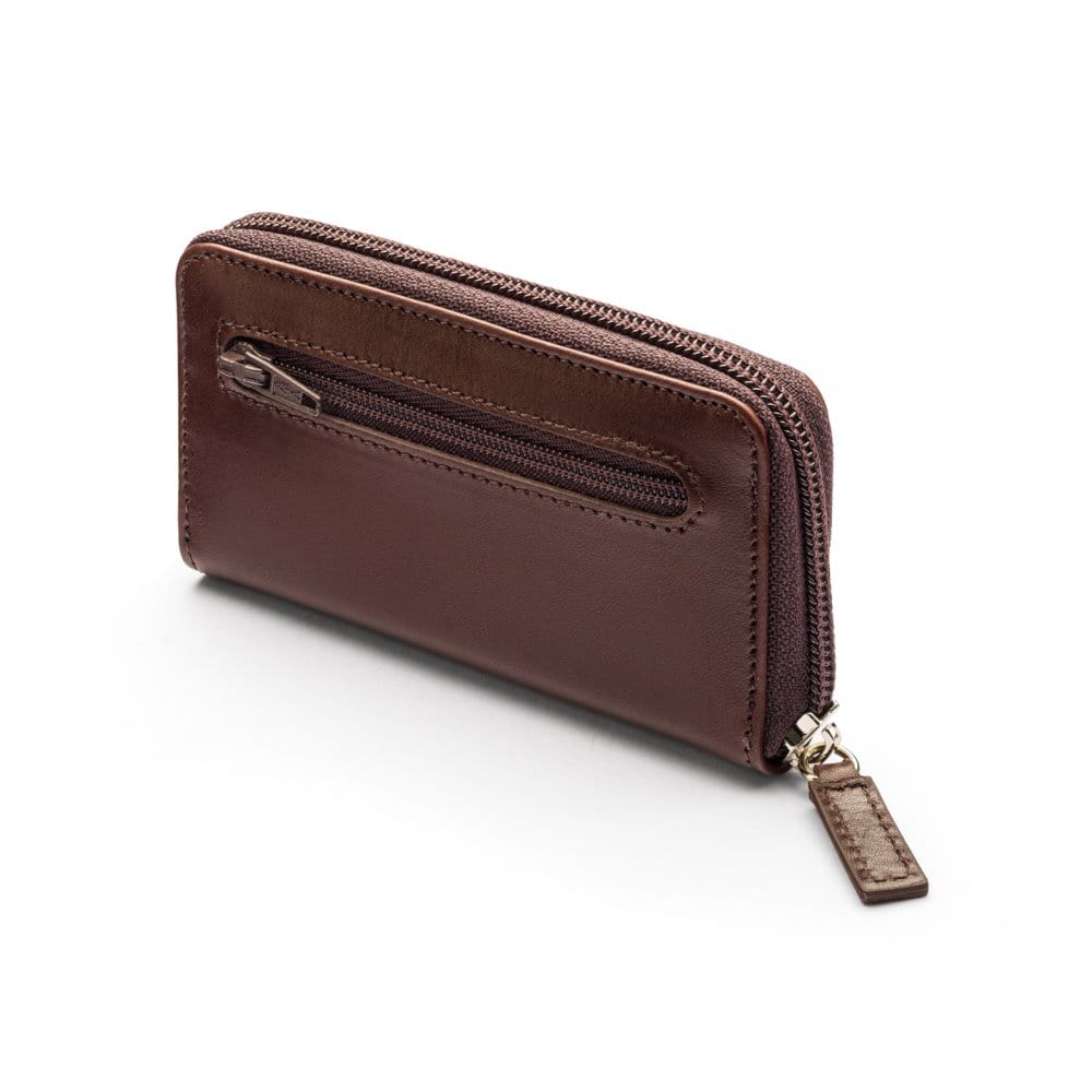 Leather zip around key case, brown, back
