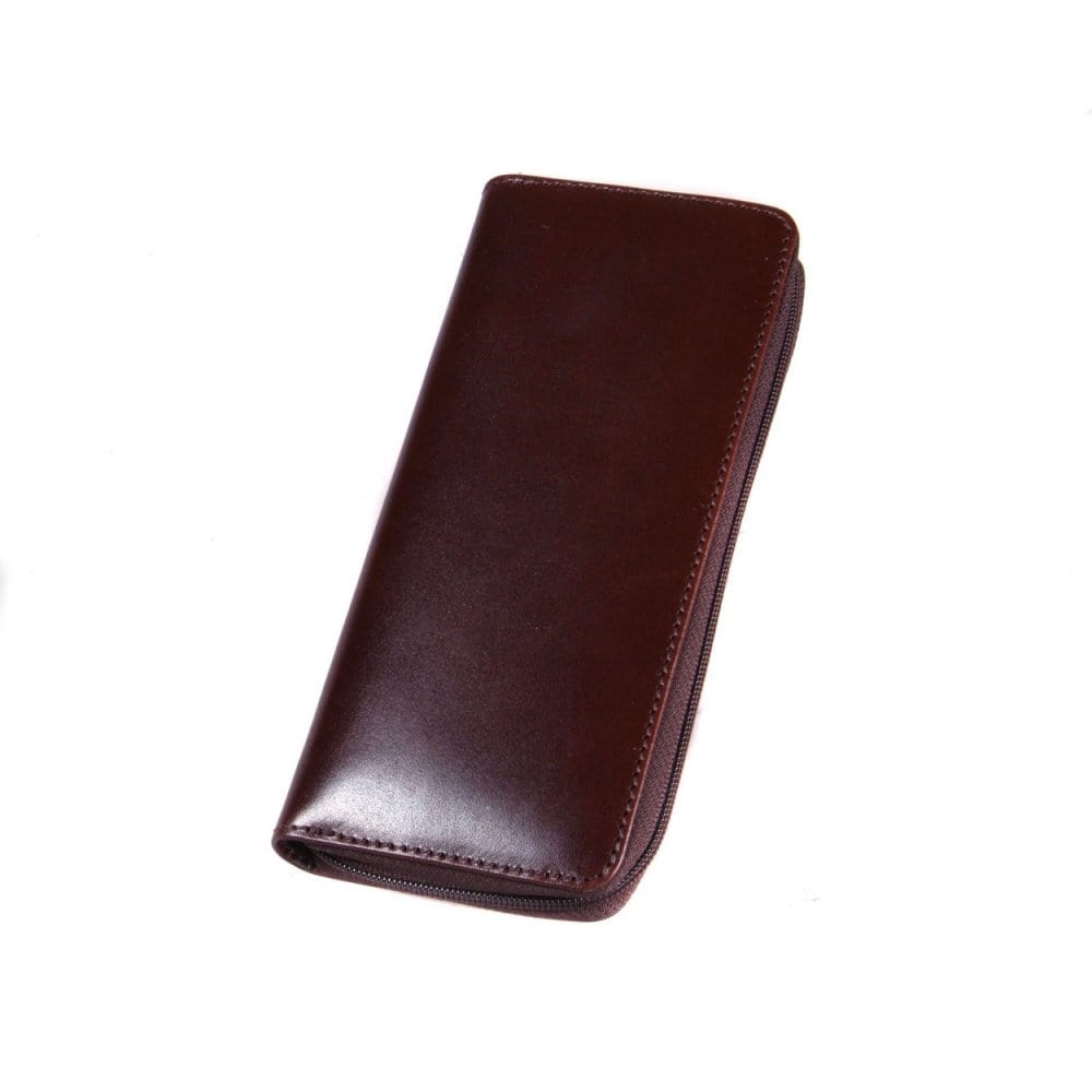 Leather zip around triple pen case, brown, front