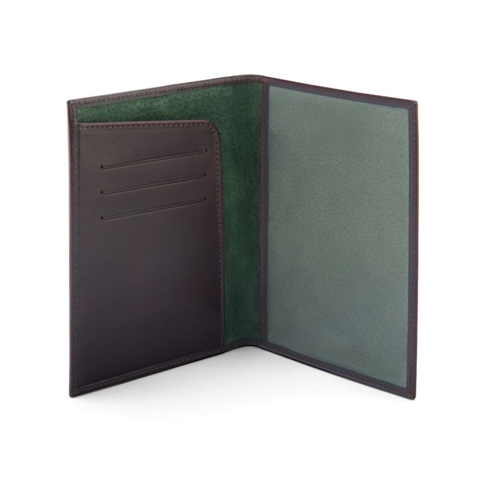 Luxury leather passport cover, brown, inside