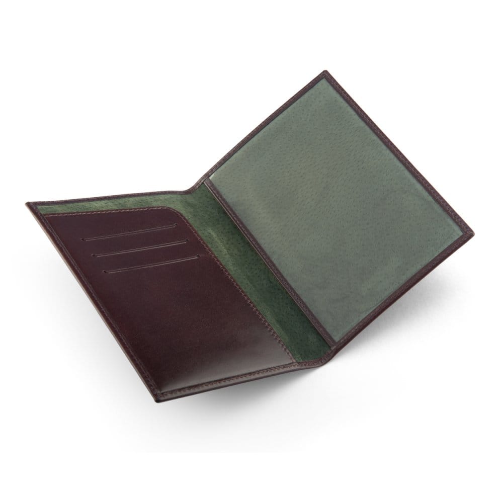 Luxury leather passport cover, brown, open