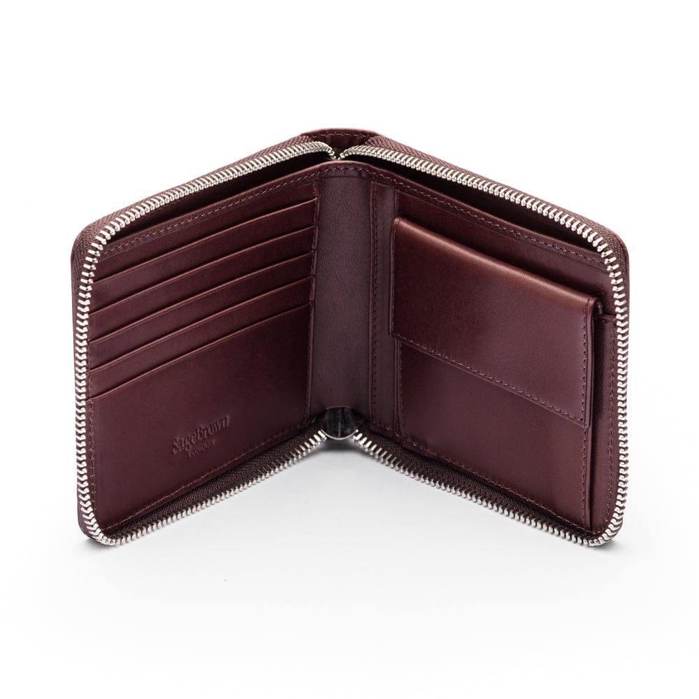 Men's leather zip wallet with coin purse, brown, open