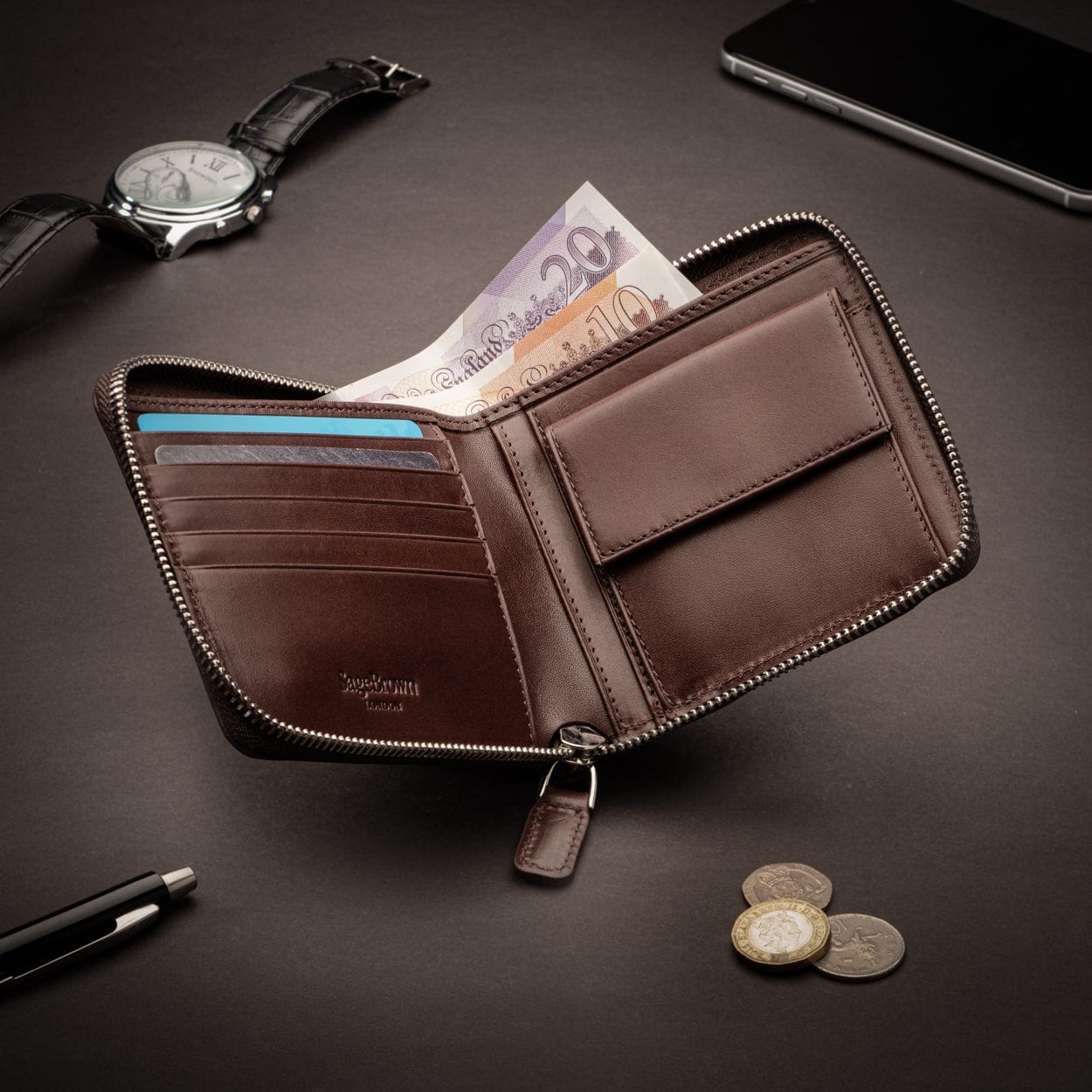 Men's leather zip wallet with coin purse, brown, lifestyle