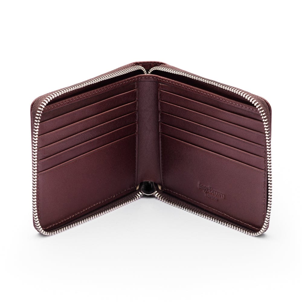 Men's leather wallet with zip around closure, brown, open