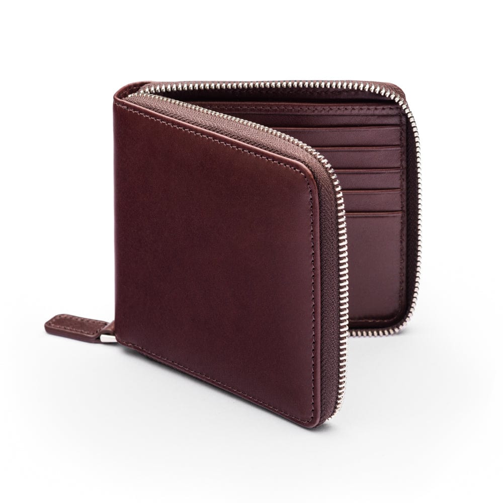 Men's leather wallet with zip around closure, brown, front