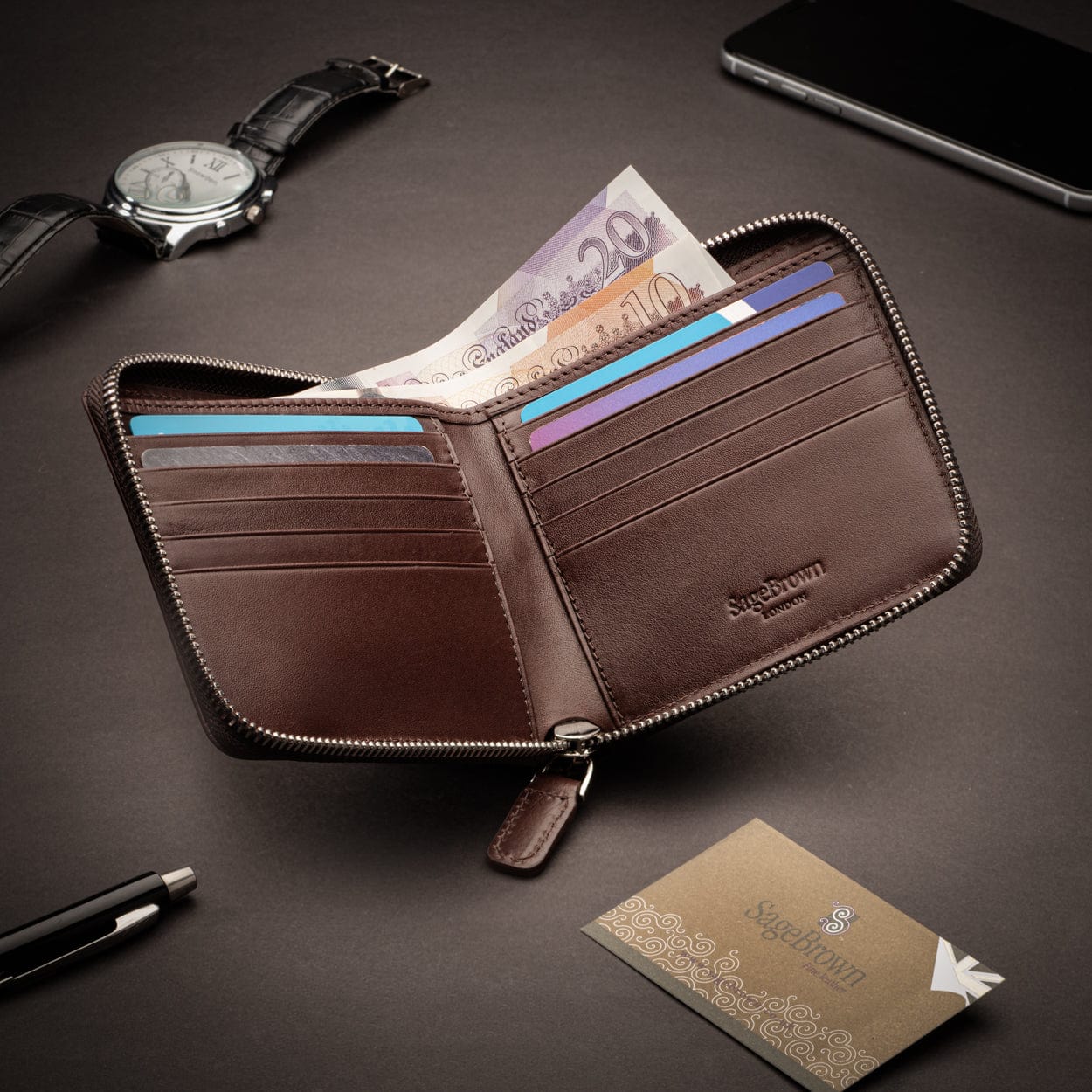 Men's leather wallet with zip around closure, brown, lifestyle