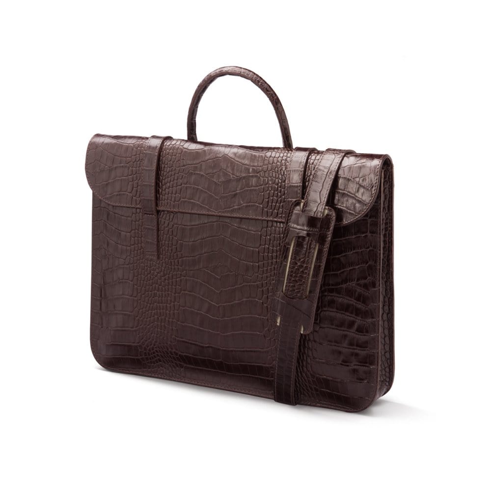 Leather music bag, brown croc, side