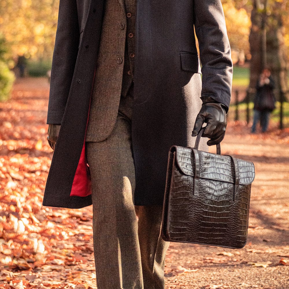 Leather music bag, brown croc, lifestyle